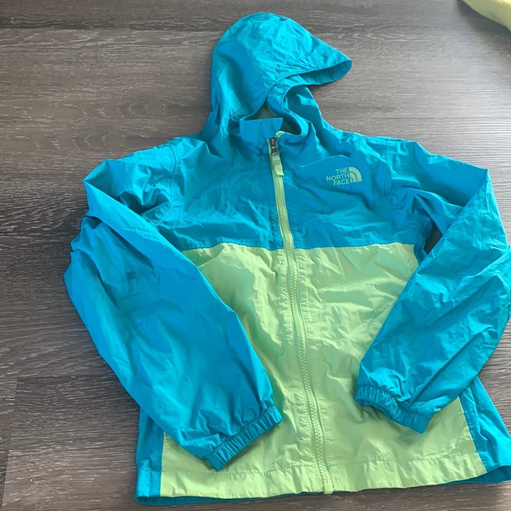 The North Face Teal and Lime Green Kids Raincoat